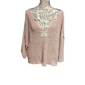 Free People Pink Oversized Boxy Chunky Open‎ Knit Cotton Blend Sweater Si…